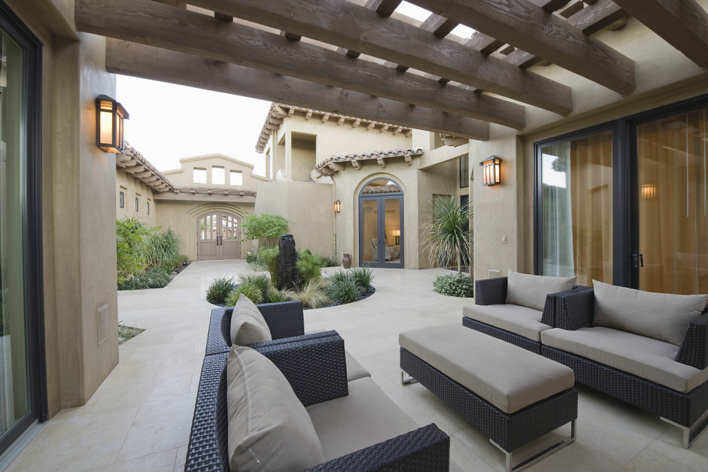 an outdoor seating area in a modern house