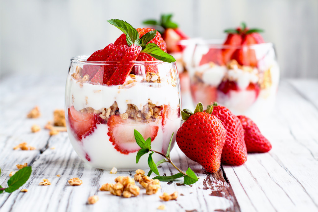 Strawberry yogurt snack on a glass