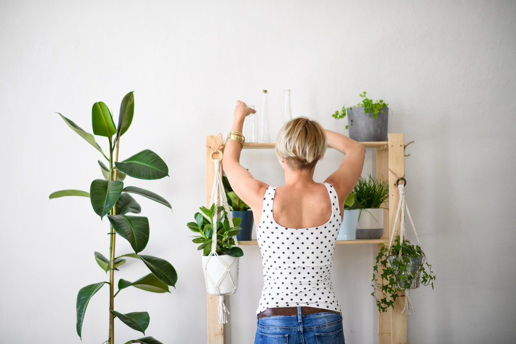 woman arranging her indoor plants